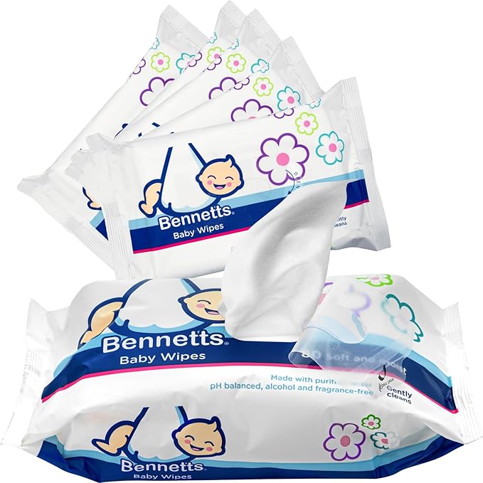 Bennetts Baby Wipes – 80 Wipes (6-Pack) – Purified Water Wipes for Newborns & Infants – Extra-Gentle Cleansing for Face, Hands & Nappy Area