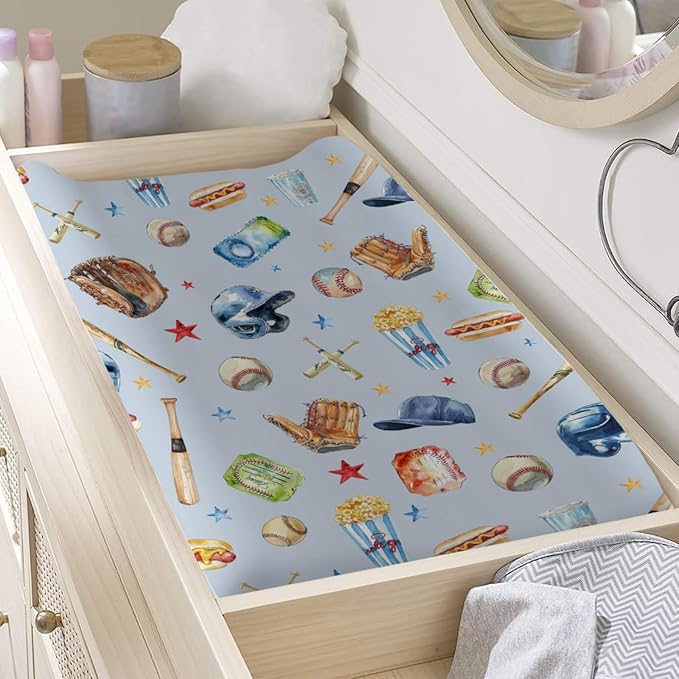 Watercolor Baseball Baby Changing Pad Covers Patriotic American Sports Diaper Changing Table Cover Sheets for Boy Girl Outdoor Sports Lovers Soft Stretchy Diaper Changing Table Sheets Mats 32''x16''