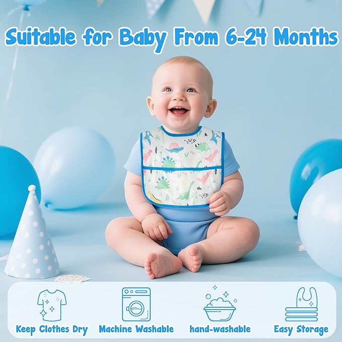 6Pcs Baby Bibs for Eating Toddler Adjustable Feeding Bibs with Crumb Catcher Pocket Waterproof Sleeveless Teething Plastic Food Bib Set Infant Keepsake Gift for Baby Shower, 6-24 Months