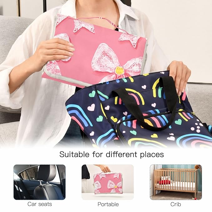 Portable Diaper Changing Pad Travel Baby Changing Mat Waterproof Diaper Changing Mat Foldable Lightweight Baby Changer with Built-in Pillow Lovely Daisies Lace Bows Pink