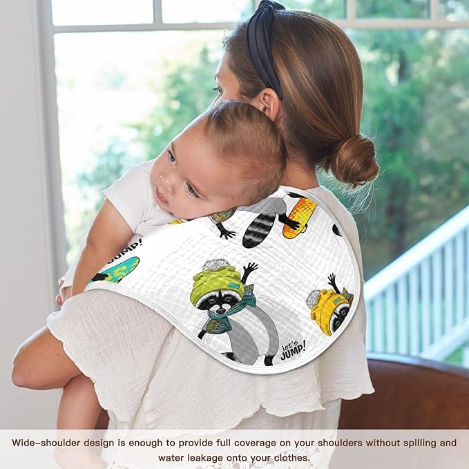 Raccoon and Skateboard Pattern Muslin Burp Cloths for Baby 4 Pack 100% Cotton Baby Washcloths Bibs for Boy Girl