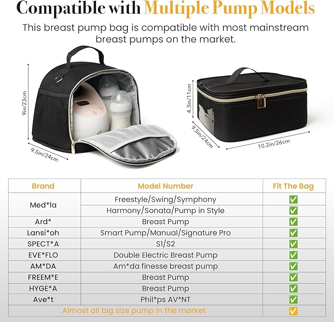 Large Breast Pump Bag for Spectra S1 S2, Double Layer Removable Breast Milk Cooler Bag with 10 Gel Ice Packs & Waterproof Mat, Wearable Pumping Bags for Work Travel & Family, Black