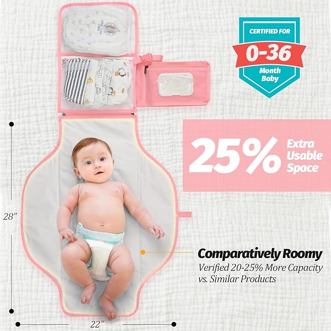 PZU Portable Diaper Changing Pad - Changing Pad Portable with Wipes Pocket, Waterproof Diaper Changing Mat, Portable Changing Pad for Baby, Newborn Gift (Pink)