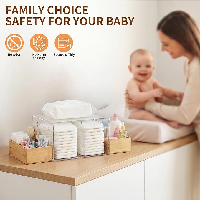 Acrylic Diaper Caddy, Changing Table Organizer with Handle & 3 Wooden Compartments, Storage for Wipe Dispenser, Baby Organizers and Storage, Perfect for Diapers Wipes Creams, Clear