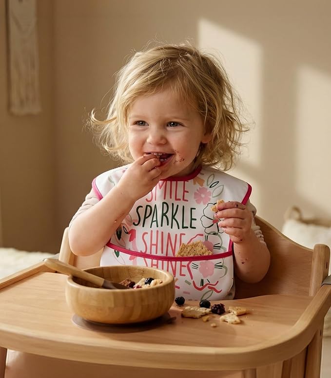 3-Pack Waterproof Baby Bibs for Eating - Mess Proof Lightweight Toddler Feeding Bibs with Large Food Catcher, Food-Grade Baby Eating Essentials, Easy to Put On & Clean(Pink Floral)