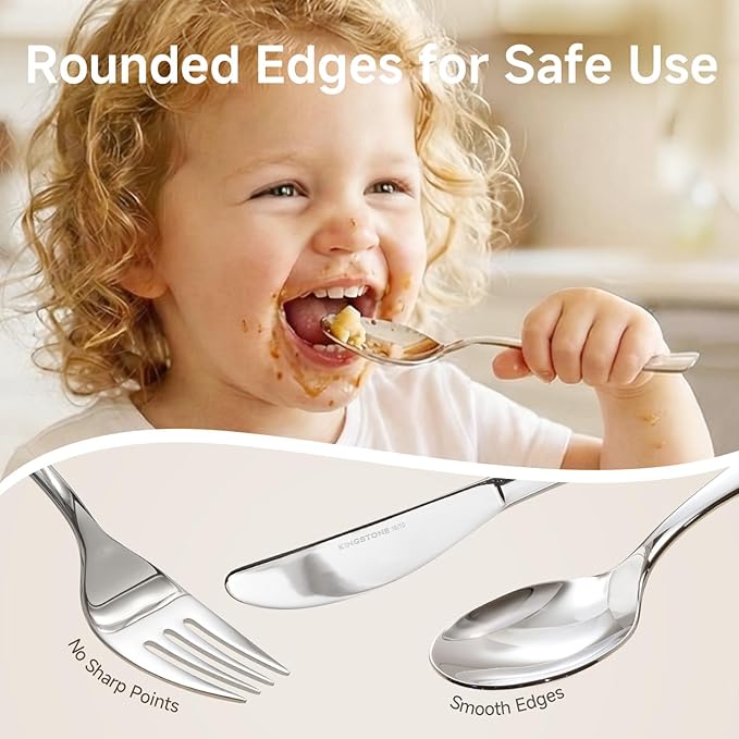 KINGSTONE Kids Silverware Set 3 Pieces, 18/10 Stainless Steel Kids Utensils, Children Safe Fork, Spoon & Knife, Food-Grade, Mirror Polished, Dishwasher Safe for Daily Use