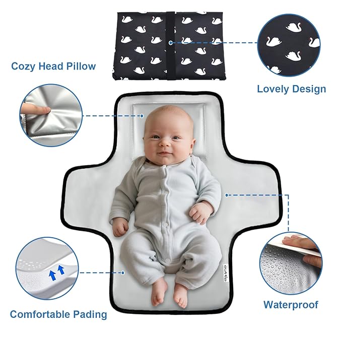 Cute Swan Portable Diaper Changing Mat,Waterproof Foldable Travel Changing Pad,On-The-Go Wipeable Reusable Changing Pad – Waterproof & Compact,for Diaper Bags,Travel,Car Backseat Changes,Strollers