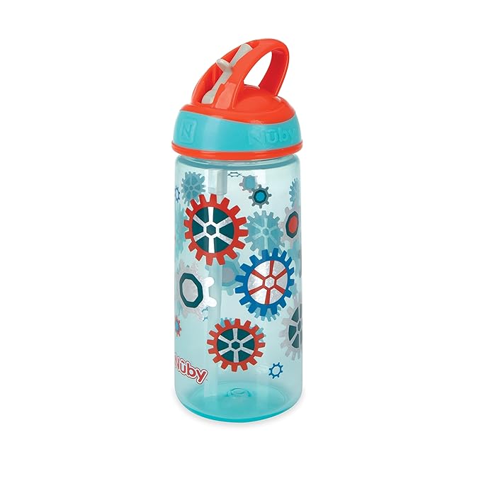 Nuby 2 Pack Iridescent PP Flip-it Kids On-The-Go Printed Water Bottle with Bite Proof Hard Straw - 18oz / 540 ml, 18+ Months, 2 pk, Robot & Friendly Monster Print