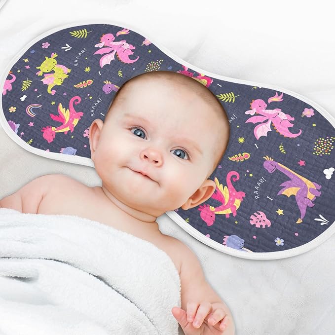 Muslin Burp Cloths for Baby Boys and Girls - 4-Pack Ultra Absorbent Cute Dragon Muslin Washcloths, Newborn Towel, Milk Spit Up Rags, Burp Cloth Bib for Unisex, 22 x 11 Inch