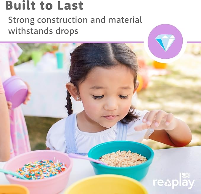 Re-Play 12 oz. Toddler Bowls Set of 3 - Kids Deep-Walled, Durable & Reusable Snack and Meal Bowls, Dishwasher & Microwave Safe, BPA-Free, Made in USA from Recycled Plastic, Beach Baby