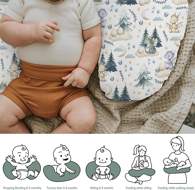 Fairytale Dragons Baby Nursing Pillow Cover for Boy Girl Cute Dragon Moon Stars Clouds Trees Eggs Nursery Pillowcase for Breastfeeding Pillows Fantasy Animal Soft Stretchy Slipcover for Newborn Infant