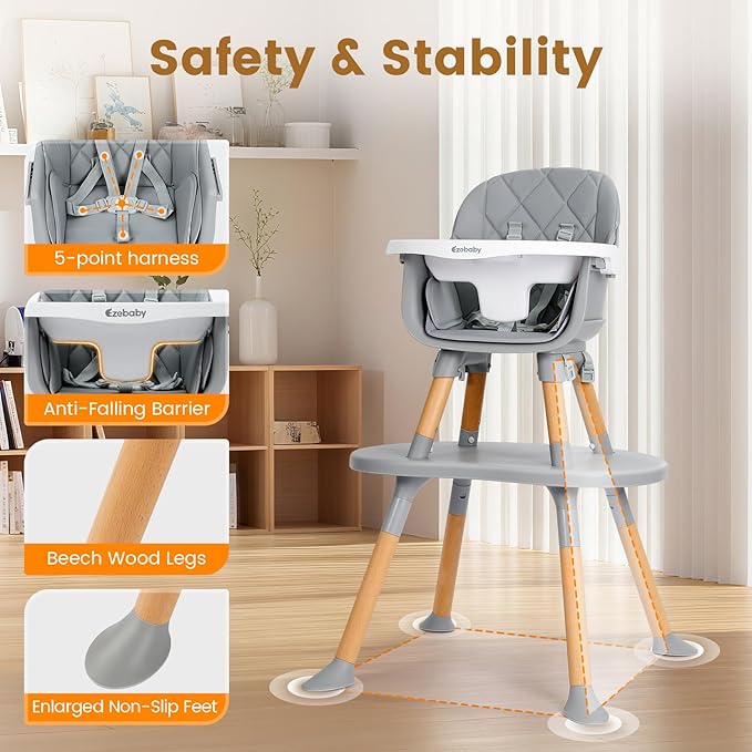 Ezebaby 8-in-1 Baby High Chair, Convertible High Chair for Babies and Toddlers/Booster Seat/Toddler Chair/Table & Chair Set/Kids Stool, Wood Highchair with Removable Tray, Seatbelt, PU Cushion (Gray)