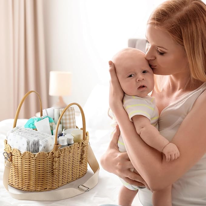 Baby Diaper Caddy Organizer Wicker Scalloped Rattan Basket with Handle Shoulder Strap and Removable Divider Wicker Caddy Basket for Diapers, Baby Shower Gifts, Newborn Essentials Must Haves