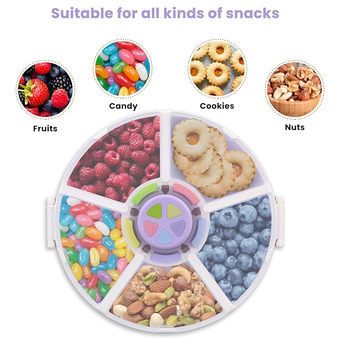 Pawtong Snack Rotator Container Reusable Snack Box with 5 Compartment Dispenser and Lid, Color Matching Opening Lid, BPA and PVC Free, for Home, School, Travel (1 Pack- Purple)