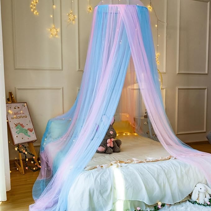 Princess Pink Blue Bed Canopy for Girls Bed Net,Princess Canopy for Kids Bed Room Decor (Pink+Blue)