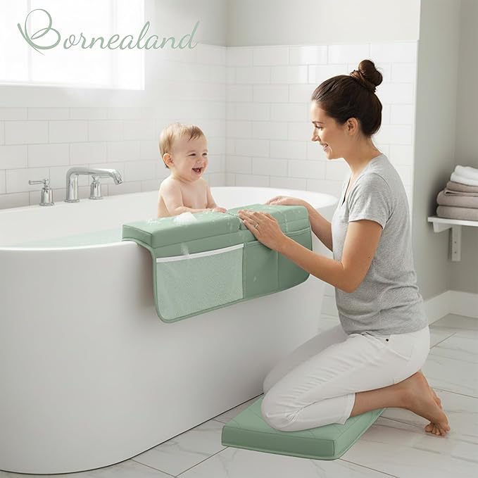 2inch XL Baby Bath Kneeler and Elbow Rest Pad Set + Hooded Towel - Embroidered Kneeling Pad for Bathing Baby - Dual-Layer Memory Foam Bathtub Kneeler and Elbow Rest Set