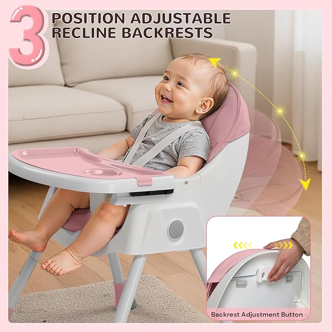 Ktaxon Baby High Chair, 6-in-1 Portable Feeding Rocking Seat with Adjustable Backrest, Removable Tray and 5-Point Safety Harness, Travel Folding Highchair for Toddlers & Babies, Pink