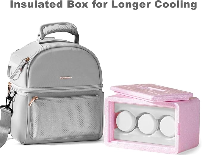 SUNVENO Breast Milk Cooler Bag with Detachable Insulation Box, Double-Layer Pumping Travel Bag for Work & Daycare, Fits Bottles, Ice Packs and Pump Parts,Grey