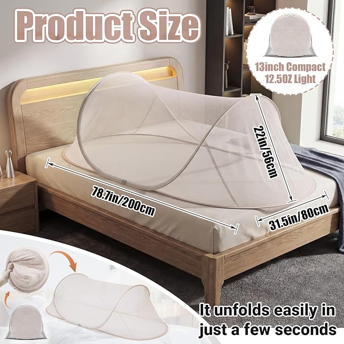 Large Pop up Mosquito Net for Camping Portable Foldable Mosquito Tent Bug Net Bed Travel Patio Outdoor 78 x 31 x 22 Inch Bug Netting Mesh Tent Canopy for Adults Bedroom, Brown