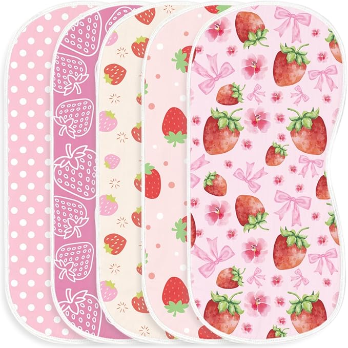 5-Pack Baby Burp Cloths for Girls, 100% Muslin Cotton Super Absorbent Burping Rags, Ultra Soft Large Washcloths with Sweet Strawberry & Floral Prints, Newborn Baby Essentials Gift Set