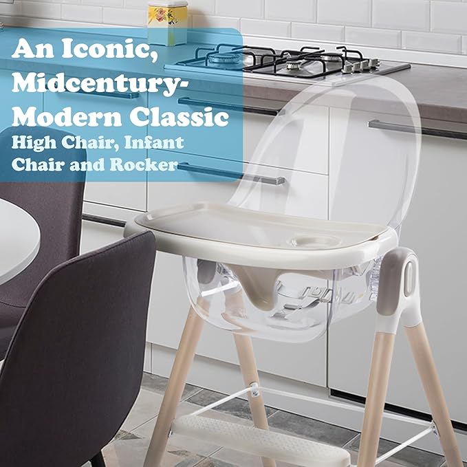 Primo Vista 3-in-1 Convertible High, Toddler, & Rocking Chair, Clear, Transparent Seat, Grows with Child, Modern Style, Adjustable Wooden Legs, Easy to Use, Assemble, Safe & Sturdy, 21.5 x 25 x 40.5"