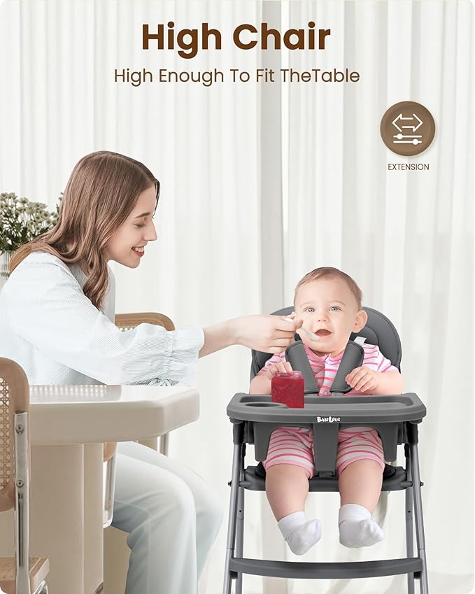 Foldable High Chair for Infants & Toddlers, Adjustable 3-Position Dishwasher-Safe Tray, 5-Point Safety Harness, Space-Saving Design for Dining & Mealtime, Gray