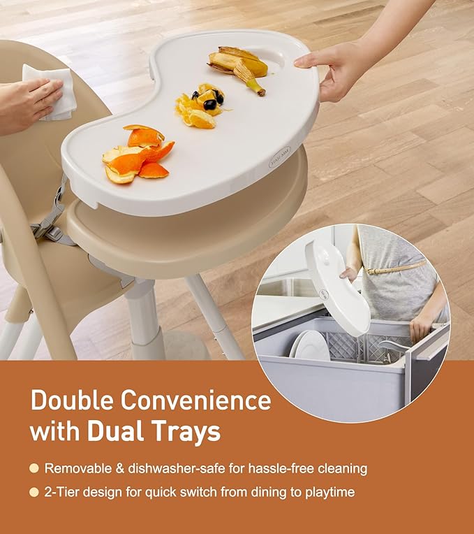 Mallify Foldable High Chair, Space-Saving Portable Baby High Chair with Removable Double Tray, Modern Convertible Baby Feeding Chair, Lightweight, Easy to Clean, Beige