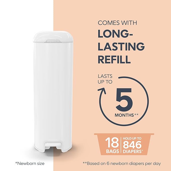 Diaper Genie Platinum Pail (Lily White) is Made in Durable Stainless Steel and Includes 1 Easy Roll Refill with 18 Bags That can Last up to 5 Months.