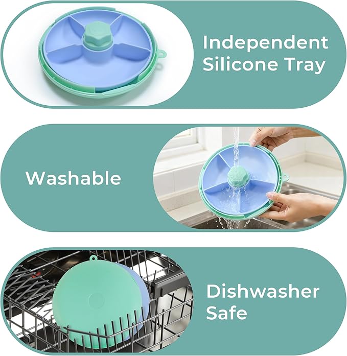 KingKam Kids Snack Spinner Containers, Reusable Toddler Spin Snack Container Box with 4 Compartments & Lid, BPA Free Food Grade Silicone Tray Dishwasher Safe, Travel Snacking Accessories (Blue/Green)