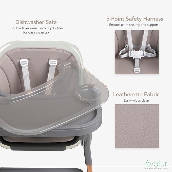 Evolur Tiny Throne 3-in-1 Convertible High Chair, Removable & Dishwasher Safe Tray, Converts to Booster Seat & Adult Stool, Easy-to-Clean Feeding Solution – Fossil Gray