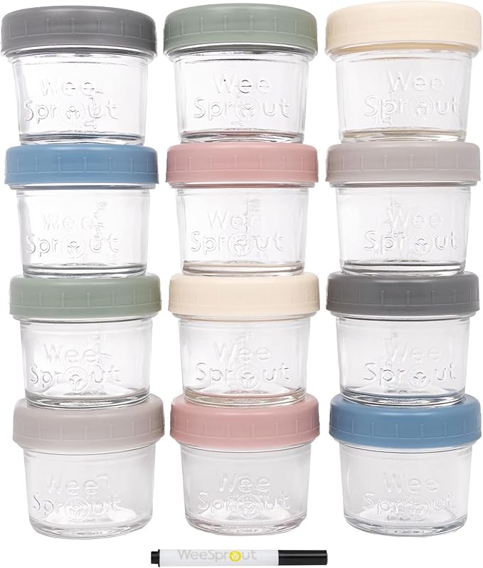 WeeSprout Baby Meal Prep Bundle - Glass Baby Food Storage Jars Containers with Plastic Lids & Silicone Freezer Tray - Microwave, Freezer & Dishwasher Safe - for Baby Food & Breast Milk
