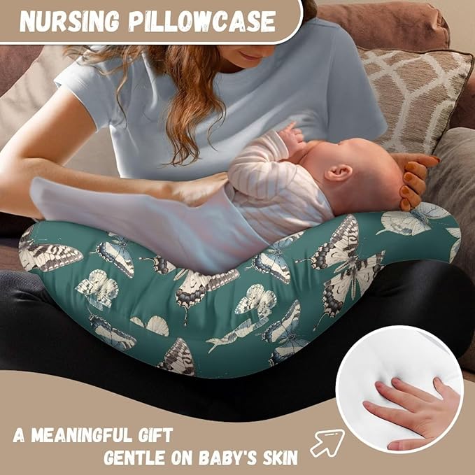 Vintage Butterfly Nursing Pillow Case for Newborn Baby Boy Girl, Retro Butterflies Washable & Breathable Nursing Pillow Cover, Turquoise Feeding Pillow Slipcover