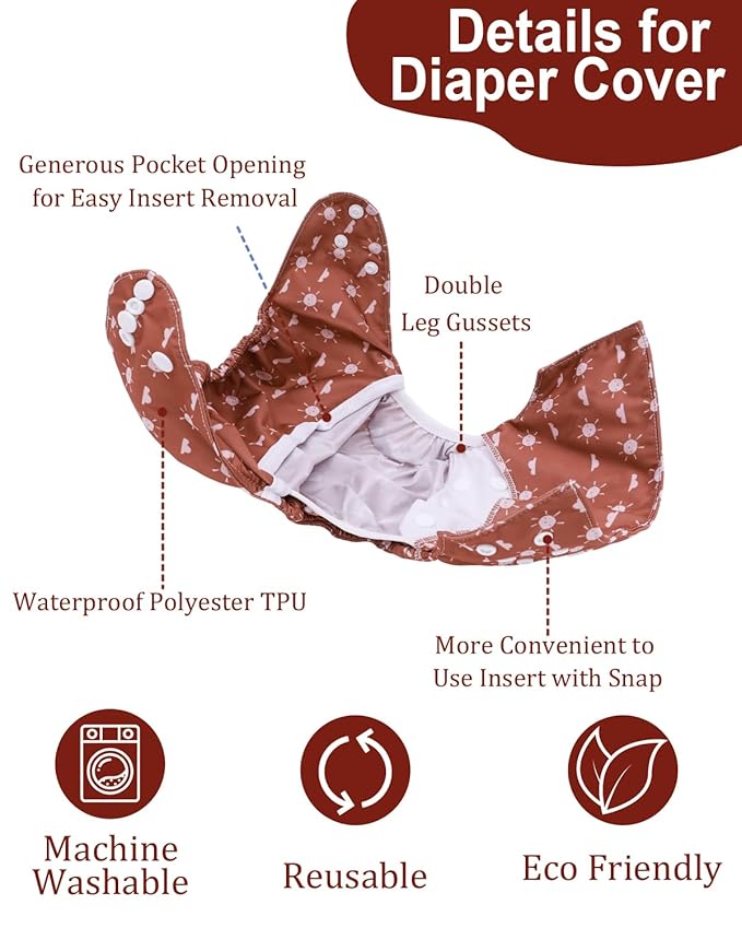 babygoal Cloth Diaper Covers 6 Pack with Wet Bag for Fitted Diapers and Prefolds with Double Gussets, Adjustable and Reusable for Baby Boys and Girls