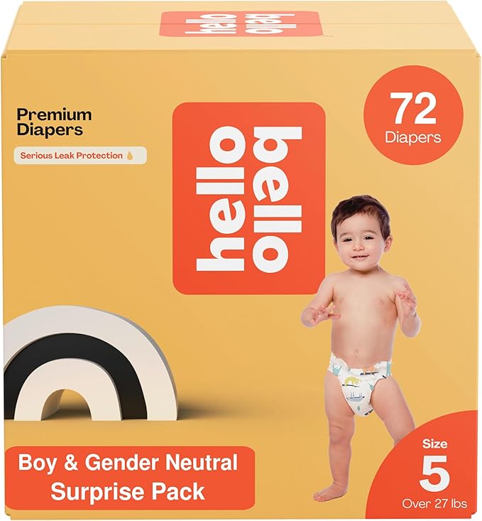 Hello Bello Premium Diapers, Size 5 (27+ lbs) Surprise Pack for Boys - 72 Count, Hypoallergenic with Soft, Cloth-Like Feel - Assorted Boy & Gender Neutral Patterns (Pack of 2)