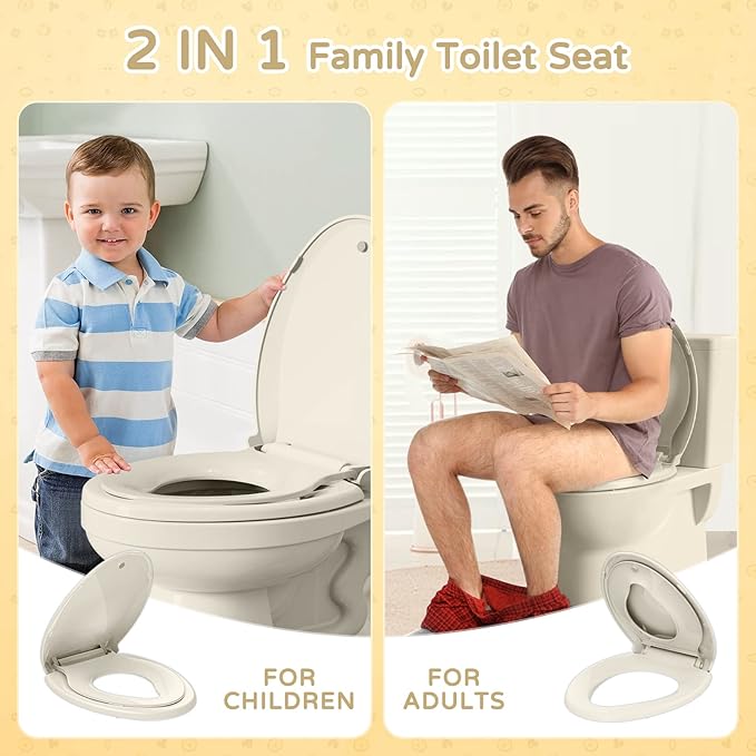 YASFEL Built in Potty Training Toilet Seat for Toddlers, Kids & Adults Biscuit Plastic Toilet Seats Elongated Slow Close with Magnets(Almond, 18.5”)
