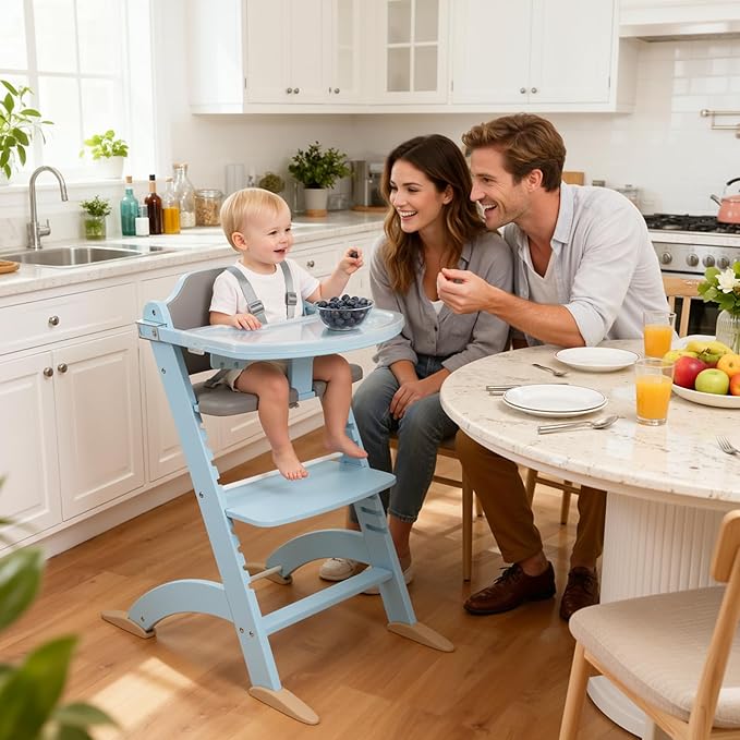 Cowiewie New Upgrade 3-in-1 Convertible Wooden High Chair for Babies & Toddlers 10 Levels Adjustable 3-Tier Remove 2 Waterproof Cozy Cushions Blue