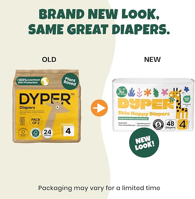 DYPER - Pack of 2 Baby Diapers Size 4 (48 Count) - Leak Proof, Plant Based, Hypoallergenic & Ultra Absorbent Disposable Diaper for Day & Overnight, Skin-Friendly Comfort Size 4 Diapers (22-37 lbs)