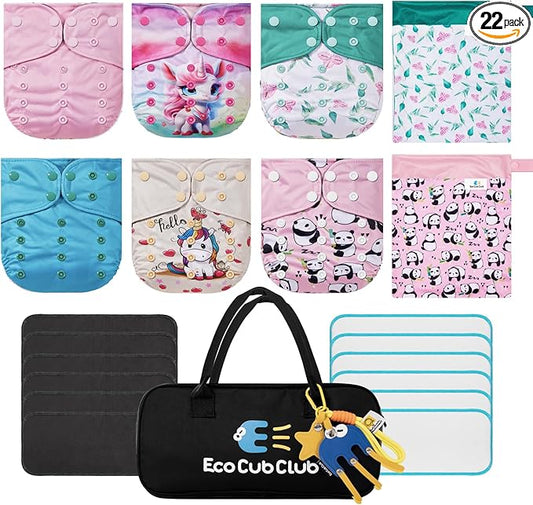 Reusable Washable Cloth Diapers 6pcs for Baby Shower,Leak-Proof Double Gussets Quick-Dry AWJ Lining,12 Soft Fleece Inserts & 2 Wet Bags,Packed in Durable Travel Handbag&Key Chain | G-01-A