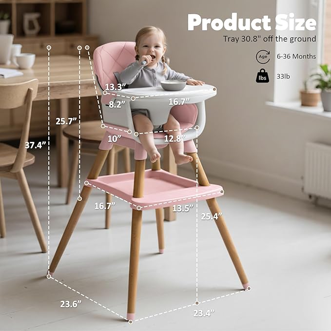TODEFULL 8 in 1 Wooden High Chairs for Babies Toddlers, Convertible to Booster Seat, Baby Feeding Highchair w/ 5-Point Safety Harness, Removable Tray & Cushion, Pink