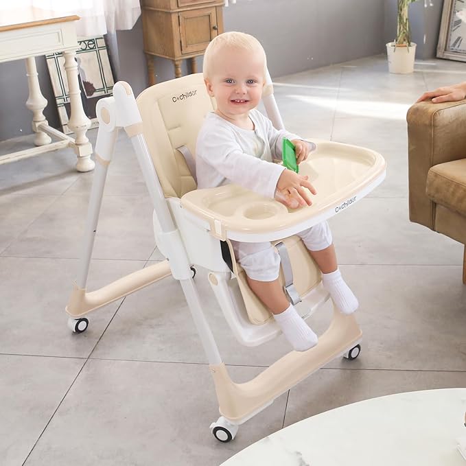 Cochildor 3-in-1 Foldable High Chair for Babies & Toddlers – Adjustable Height, Reclining Seat, 5-Point Safety Harness, Removable Tray, Lockable Wheels and Washable Cushion, Beige