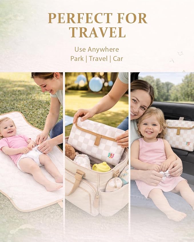 PZU Portable Diaper Changing Pad - Waterproof Travel Changing Mat with Built-in Pillow, Gifts for Baby Shower, Newborn Girls & Boys（Beige Checkers）