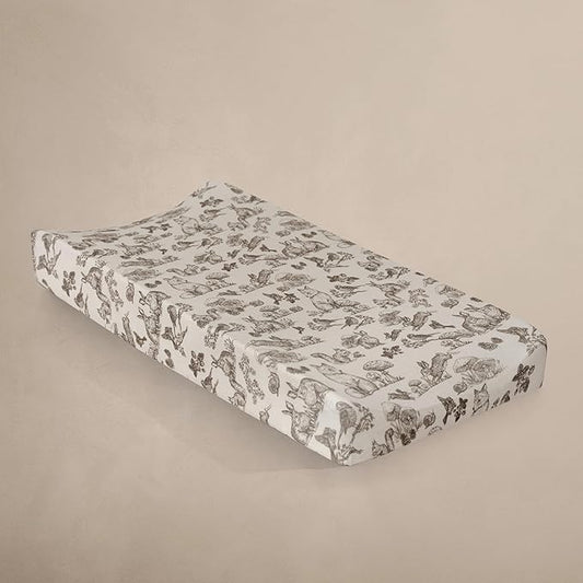 Oilo Changing Pad Cover, Breathable Organic Cotton Fitted Jersey, 300 Thread Count, Machine Wash, Fits Standard Changing Pads (32" x 16"), Heirloom Organic Collection, Woodland Animals