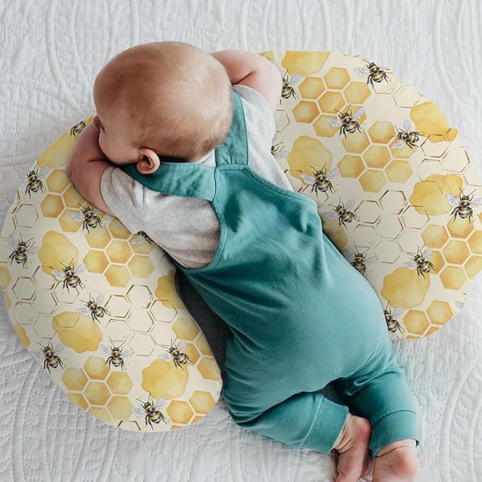 Honeycomb Bees Baby Nursing Pillow Covers for Boy Girl Yellow Bee Honey Nursing Pillow Slipcovers for Breastfeeding Pillows Spring Summer Soft Stretchy Removable Covers for Newborn Infant