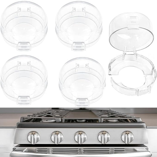 Stove Knob Safety Covers, Stove Knob Covers for Child Safety, Gas Stove Knob Locks, Prevent Baby Pets from Turning on Stoves, Baby proofing, Heat-Resistant Adhesive, (Clear)-5 Pack