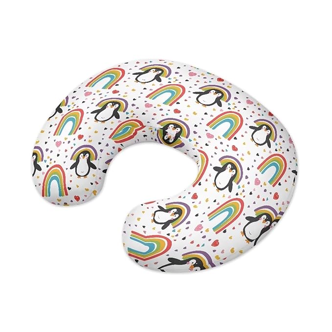 Rainbow and Penguin Nursing Pillow Cover Stretchy Removable Cover for Breastfeeding Pillows, Ultra Soft Comfortable Slipcover for Baby Girl and Boy