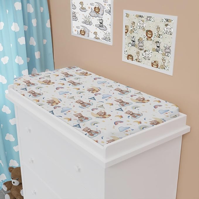 Cartoon Cute Bear Boy Changing Pad Covers Blue Bear Rainbow Moon Stars Clouds Leaf Baby Change Table Sheets Cover for Boys Girls Soft Stretchy Diaper Changing Table Mats 32''x16''