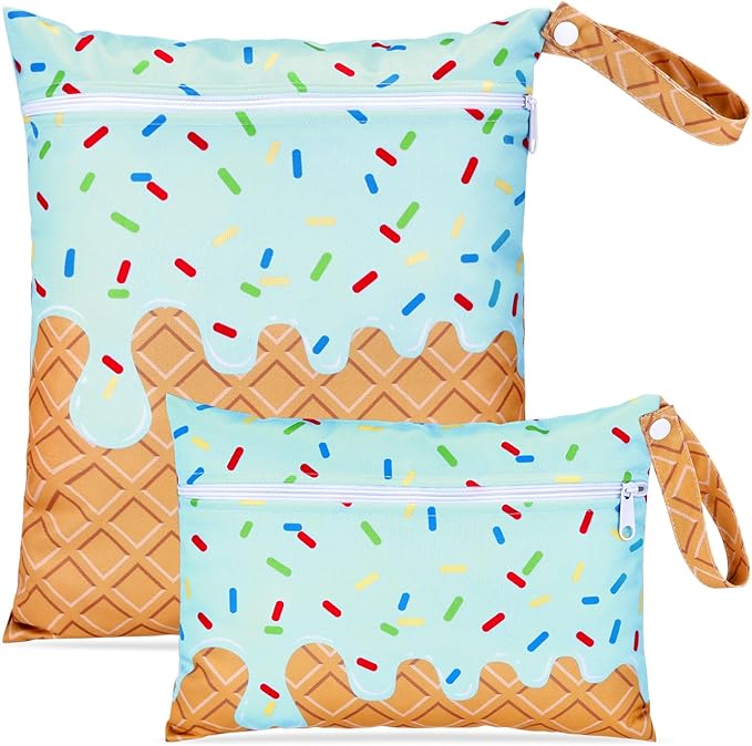 SATINIOR 2 Pack Wet Dry Bags Ice Cream Waterproof Pouch Large & Small Makeup Bag Baby Wet Bags Zipper Pouch for Baby Women Diapers Cloth(Green)