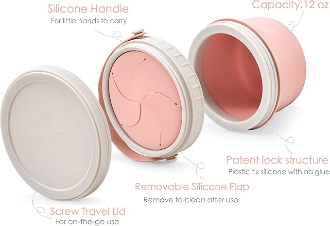 No Spill Silicone Toddler Snack Containers, Detachable Silicone Flap for Filling&Cleaning, Crumb-Free Hard Plastic Screw Travel Lid, Ultra-Soft for Baby Kids Hand In-Out, Snack Cup Holder 12 oz