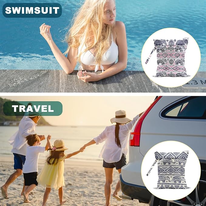 Elephant Gifts for Women, 2Pcs Elephant Print Wet Bags, Wet Dry Bag Reusable for Swimsuit, Travel, Diapers, Pool, Beach, Dirty Yoga Gym Clothes, Toiletries, Makeup Bag, Waterproof Birthday Gifts