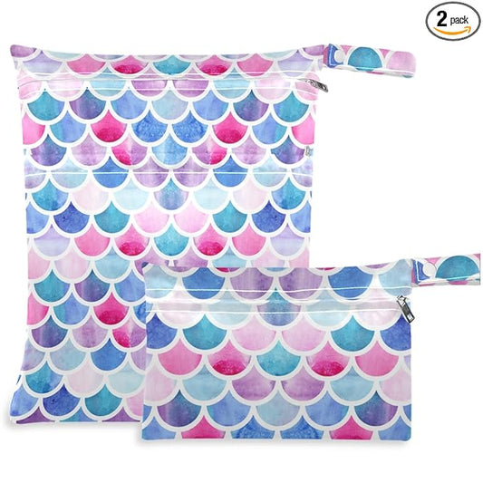 visesunny Mermaid Rainbow Scale 2Pcs Wet Bag with Zippered Pockets Washable Reusable Roomy Diaper Bag for Travel,Beach,Pool,Daycare,Stroller,Diapers,Dirty Gym Clothes,Wet Swimsuits,Toiletries